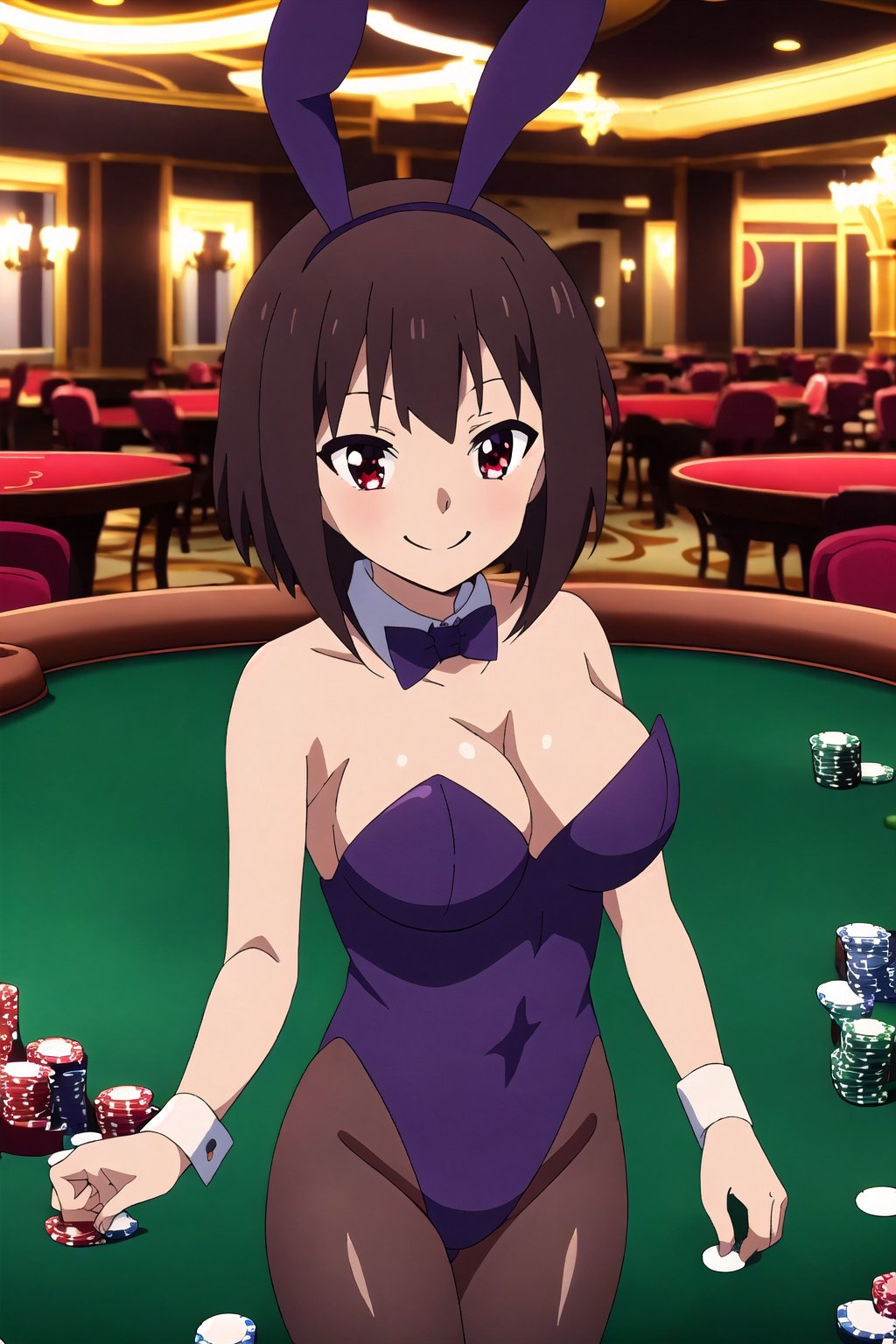 Highly detailed, High quality, Masterpiece, Beautiful, high detailed, high detailed background, (long shot), scenary, Anime, one girl, solo, indoors, casino, poker table, light brown hair, short hair, red eyes, bangs, smile, hair ornament, big brasts, playboy_bunny_leotard, pantyhose, high detailed hand, bow tie, bunny ears, strapless_leotard, Bunny suit, looking_at_viewer, sleeveless, rabbit ears, red bow tie, MeguminV2,Megu-KJ