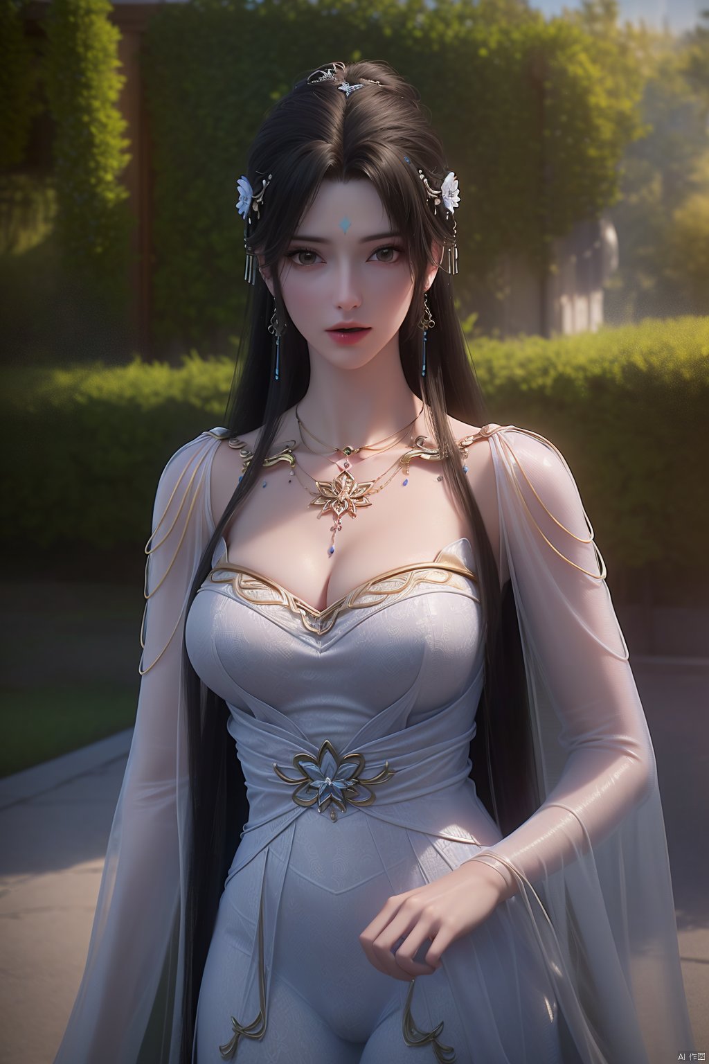  (8k, RAW photo, best quality, masterpiece:1.2), (realistic, photorealistic:1.3), ultra-detailed, extremely detailed cg 8k wallpaper, (crystalstexture skin:1.2), extremely delicate and beautiful,1girl,long hair,hair ornament,(Facial markers, forehead markers),jewelry,earrings,necklace, breasts, looking at viewer,chinese clothes,dress,cowboy shot,outdoor,