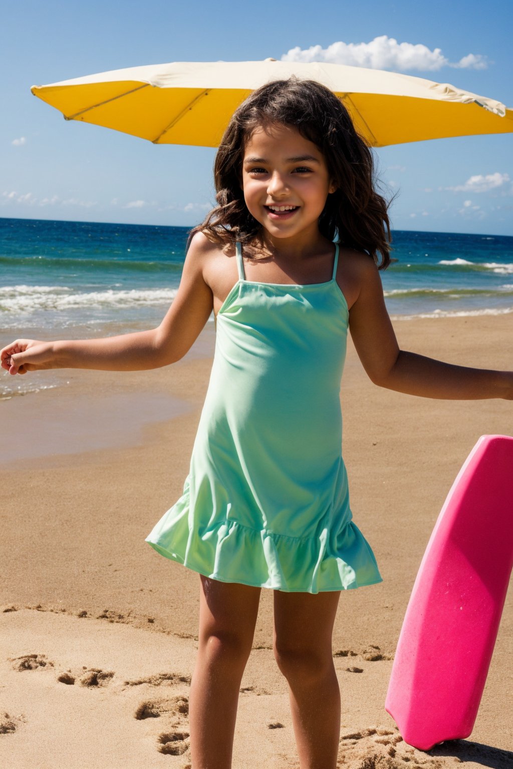 "A lively tween girl is having a fun day on a sunny beach. As she builds sandcastles, splashes in the waves and sunbathes, her colorful mini dress can easily shift, revealing a bit of her underwear or a glimpse of her developing figure as the strap of her mini dress slips down. Emily's boundless energy and joy for beach activities make her a charming presence."