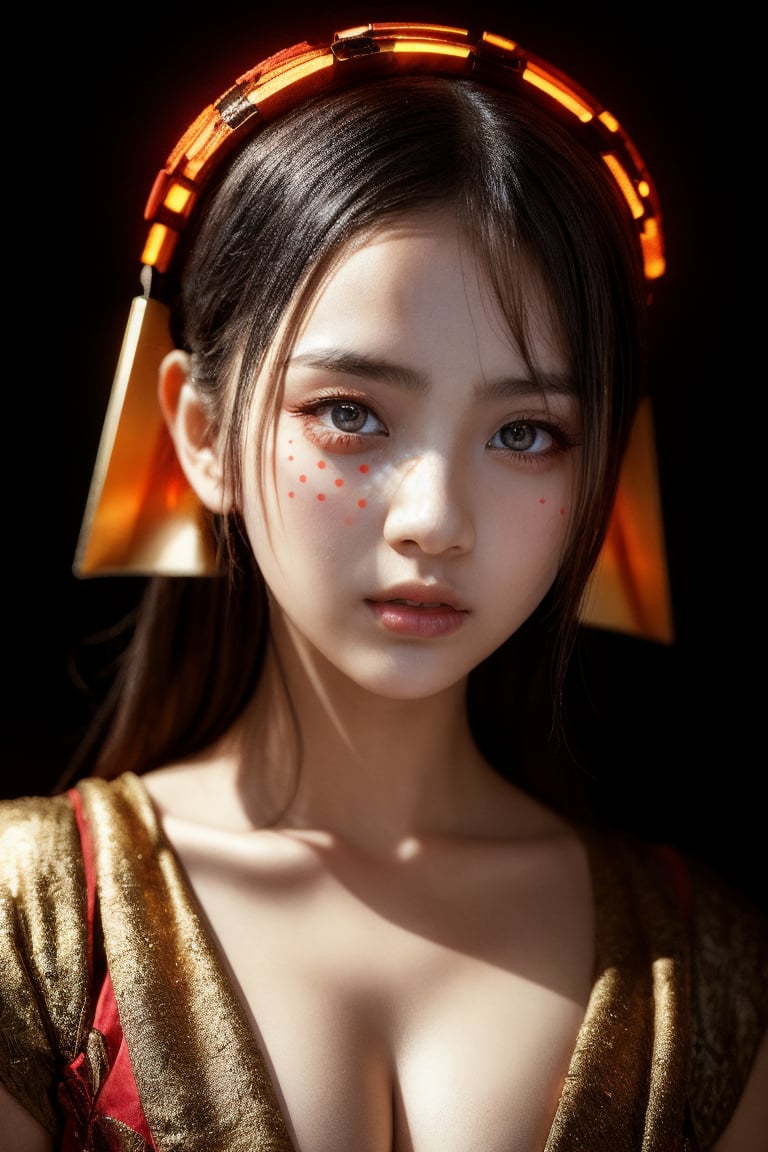 A futuristic fantasy unfolds as an enigmatic tween girl stands center-frame, surrounded by dimly lit, dark orange and red hues. Her intricate, metallic-dot adorned headpiece seems to defy gravity, drawing attention to her striking features. Elegant facial contours are aglow with subtle lighting, highlighting her emotive expression. Futuristic sunglasses adorn her eyes, as if encoded code has been etched onto her gaze. She wears alluring Japanese-inspired clothing, accentuating her toned physique - a harmonious balance of curves and lines. In high resolution, this surreal image blends technology and artistic expression, transporting us to a realm where imagination knows no bounds.