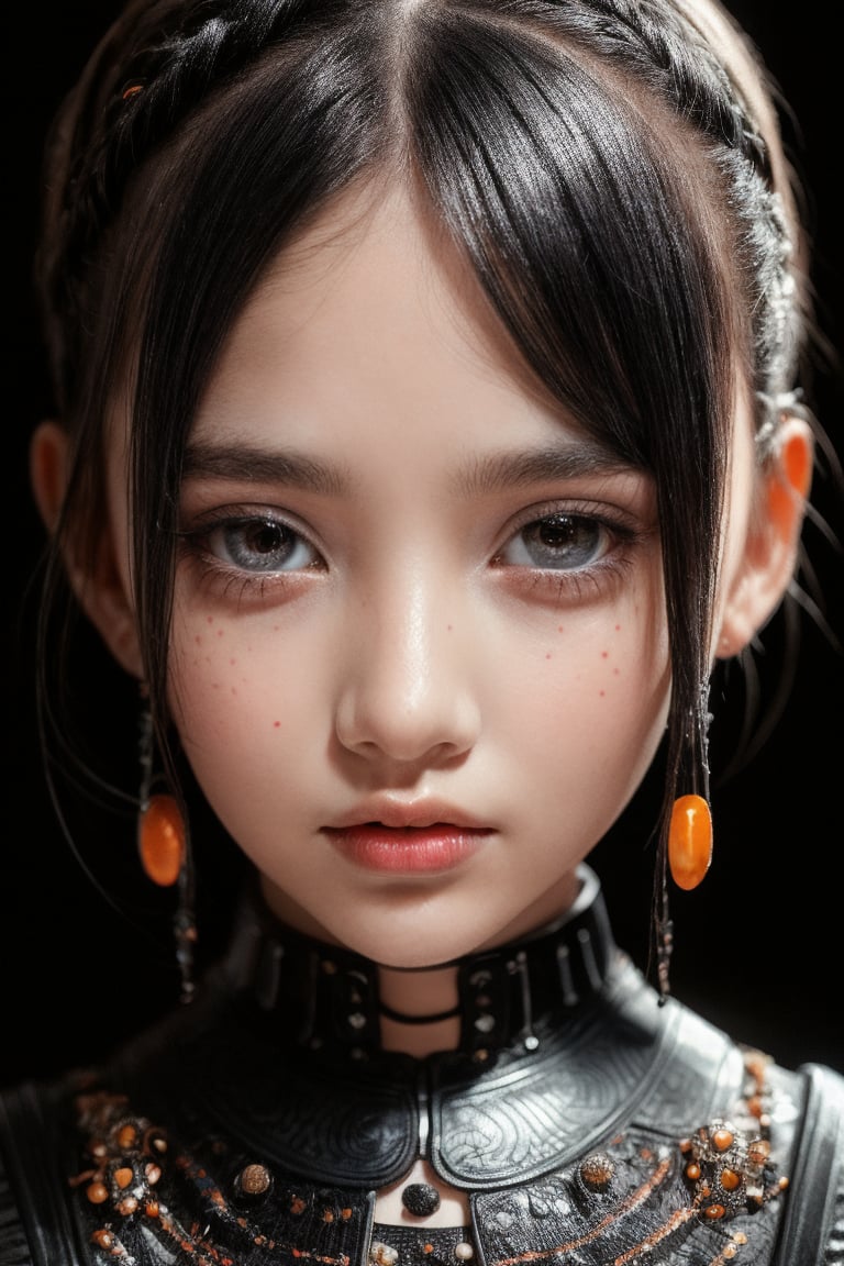 A futuristic fantasy half-body portrait of an enigmatic tween girl with intricate, black dots meticulously arranged on her head, resembling a mesmerizing 3D, metallic sculpture. Her elegant, emotive face is illuminated by dark orange and red hues, juxtaposed against light silver accents. She wears futuristic sunglasses with algorithmic artistry, as if the very code itself has been etched onto her eyes. In high resolution, this surreal image transports us to a realm where technology meets artistic expression.