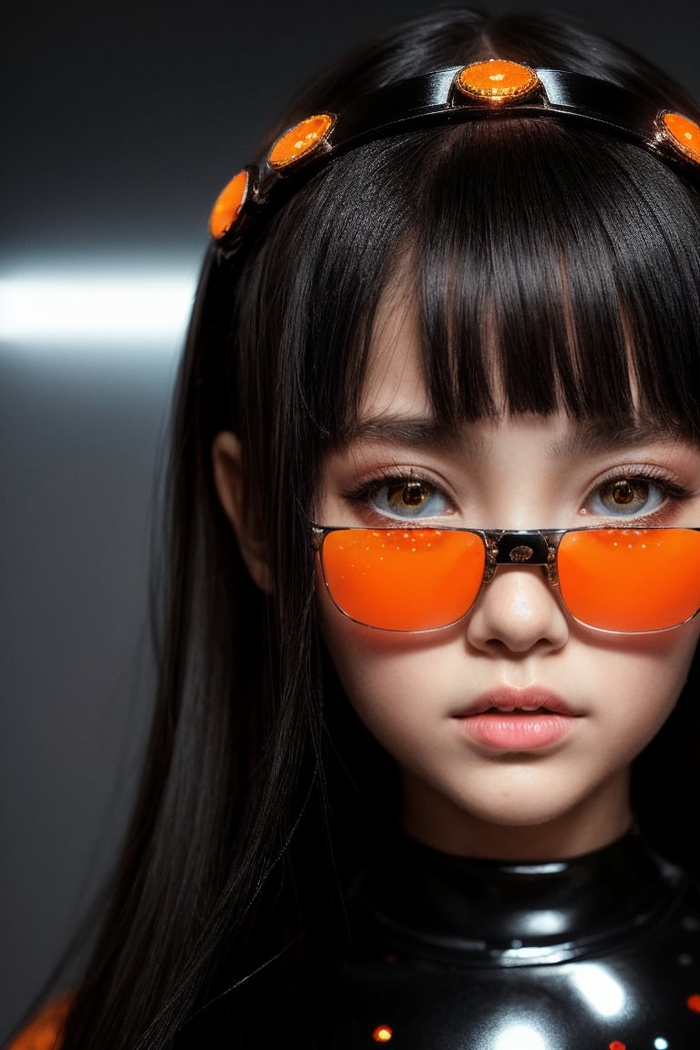 A futuristic fantasy portrait of an enigmatic tween girl with intricate, black dots meticulously arranged on her head, resembling a mesmerizing 3D, metallic sculpture. Her elegant, emotive face is illuminated by dark orange and red hues, juxtaposed against light silver accents. She wears futuristic sunglasses with algorithmic artistry, as if the very code itself has been etched onto her eyes. In high resolution, this surreal image transports us to a realm where technology meets artistic expression.