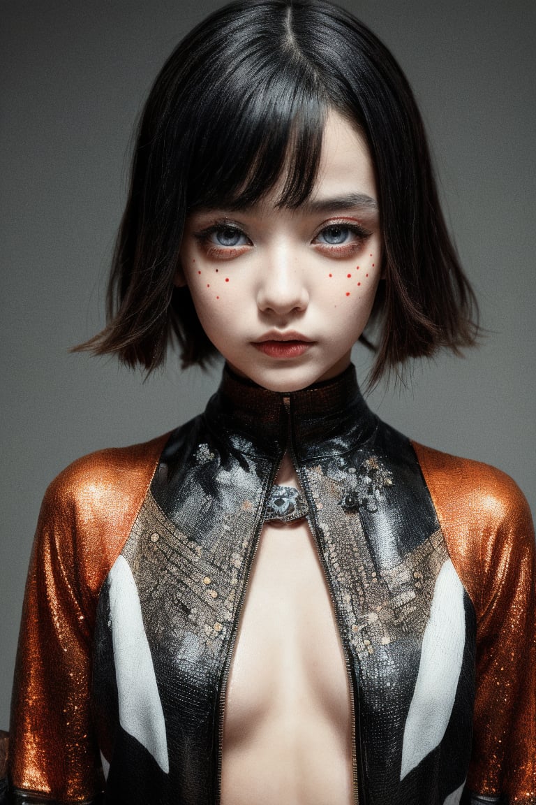 A futuristic fantasy full body images an enigmatic tween girl with intricate, black dots meticulously arranged on her head, resembling a mesmerizing 3D, metallic sculpture. Her elegant, emotive face is illuminated by dark orange and red hues, juxtaposed against light silver accents. She wears futuristic sunglasses with algorithmic artistry, as if the very code itself has been etched onto her eyes. She wears futuristic childish alluring japanese style clothing.  In high resolution, this surreal image transports us to a realm where technology meets artistic expression.(Full Bodyview)