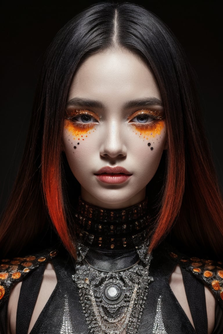 A futuristic fantasy portrait of an enigmatic woman with intricate, black dots meticulously arranged on her head, resembling a mesmerizing 3D, metallic sculpture. Her elegant, emotive face is illuminated by dark orange and red hues, juxtaposed against light silver accents. She wears futuristic sunglasses with algorithmic artistry, as if the very code itself has been etched onto her eyes. In high resolution, this surreal image transports us to a realm where technology meets artistic expression.