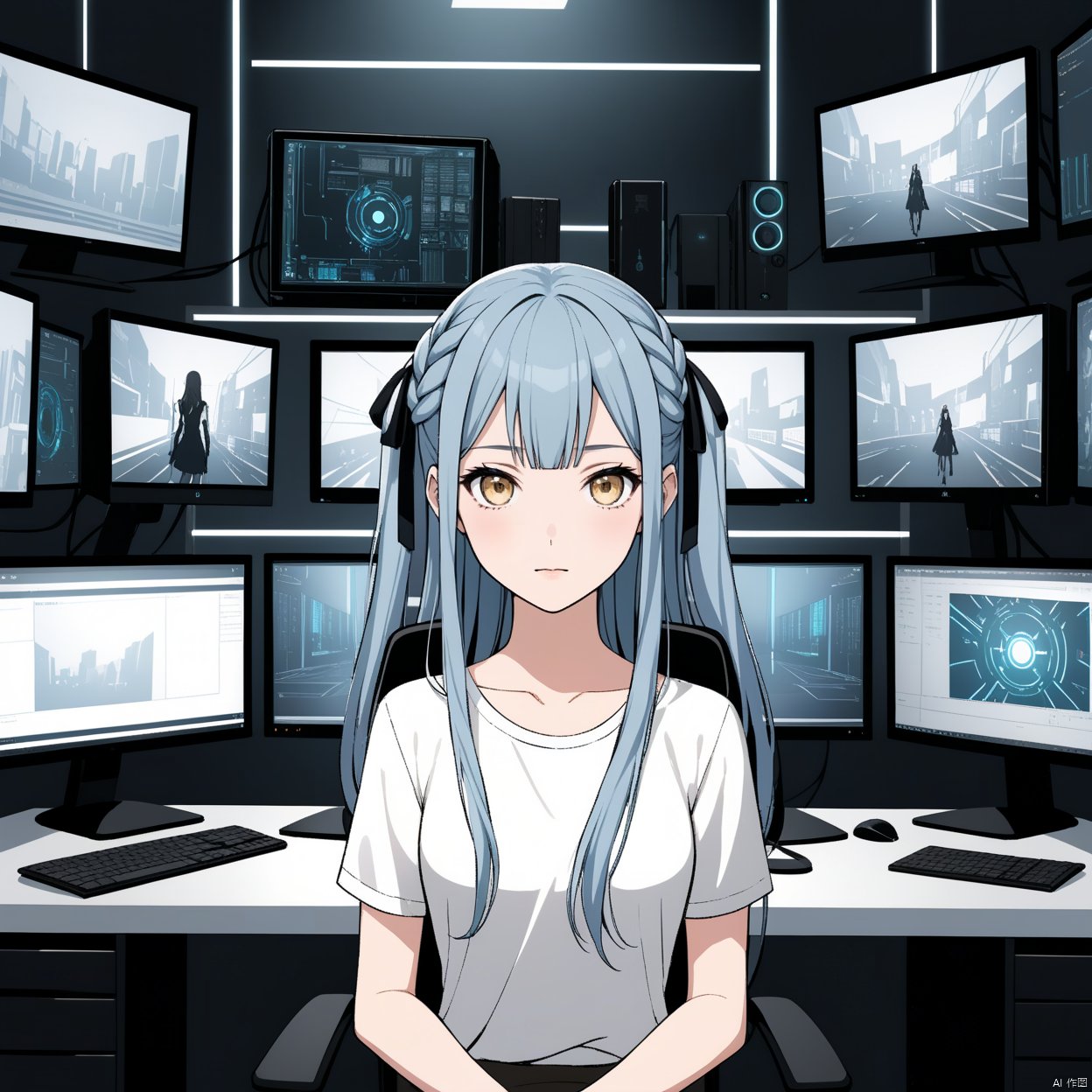 akiko,1girl, solo, long hair, looking at viewer, blush, bangs, simple background,, ribbon, blue hair, grey hair,collarbone, hair ribbon, yellow eyes, braid,, blunt bangs, two side up, black ribbon,cowboy shot,upper body,cyberpunk
a girl  is seated in front of a computer monitor. The girl's shirt is adorned with a pattern of lines, adding a touch of color to the scene. To the left of the boy, a white desk lamp is positioned on the desk. The room is filled with a variety of computer monitors, each displaying a different image. The monitors are arranged in a row, with the upper left and lower right monitors on the right. The background is dark, creating a stark contrast to the girl's white shirt.