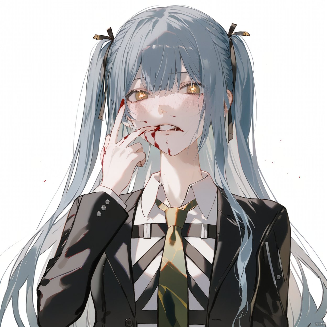 akiko,1girl, solo, long hair, looking at viewer, blush, bangs, simple background,, ribbon, blue hair, grey hair,collarbone, hair ribbon, yellow eyes, braid,, blunt bangs, two side up, black ribbon,cowboy shot,upper body,cyberpunk
1girl, solo, long hair, looking at viewer, bangs, simple background, shirt, long sleeves, white background, ribbon, brown eyes, school uniform, jacket, hair ribbon, white shirt, upper body, grey hair, necktie, collared shirt, black ribbongrey jacket, green necktie, ((blood from mouth, blood from left eyes, a lot blood on face,blood cover half face ))dust
