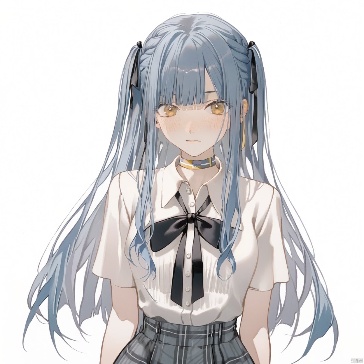 akiko,1girl, solo, long hair, looking at viewer, blush, bangs, simple background,, ribbon, blue hair, grey hair,collarbone, hair ribbon, yellow eyes, braid,, blunt bangs, two side up, black ribbon,cowboy shot,upper body,
1girl, solo, long hair, looking at viewer, bangs, skirt, (((white shirt,)))  white background, ribbon, blue hair, hair ribbon, yellow eyes, braid,  two side up, plaid, black ribbon, grey skirt, shirt tucked in