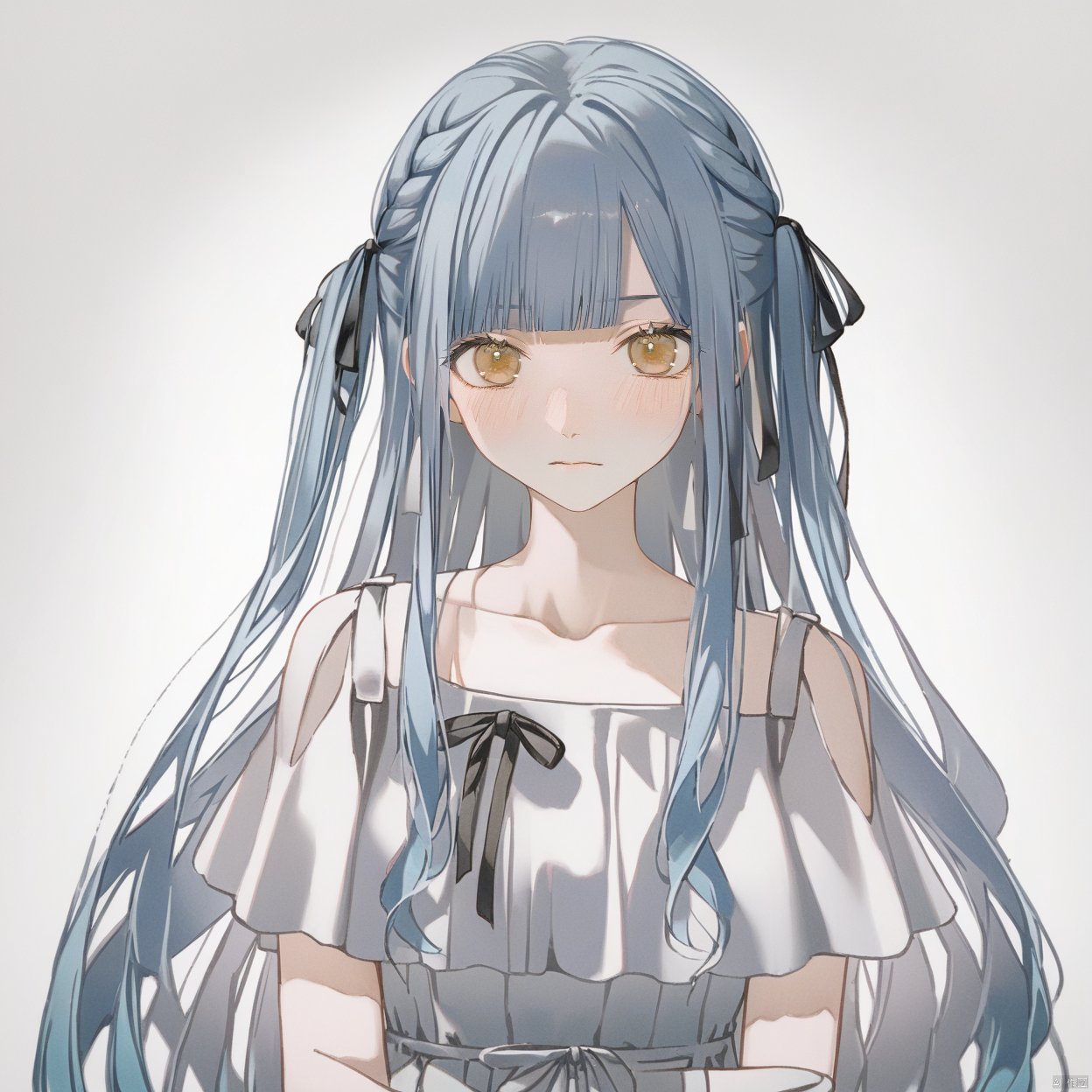 akiko,1girl, solo, long hair, looking at viewer, blush, bangs, simple background,, ribbon, blue hair, grey hair,collarbone, hair ribbon, yellow eyes, braid,, blunt bangs, two side up, black ribbon,cowboy shot,upper body,
white dress, 