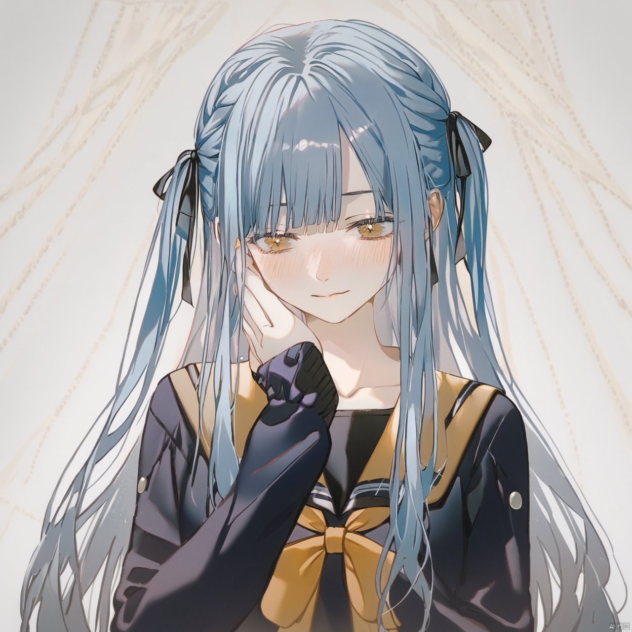 akiko,1girl, solo, long hair, looking at viewer, blush, bangs, simple background,, ribbon, blue hair, grey hair,collarbone, hair ribbon, yellow eyes, braid,, blunt bangs, two side up, black ribbon,cowboy shot,upper body,
1girl, solo, long hair, blush, smile, bangs, long sleeves, ribbon, closed mouth, school uniform, blue hair, closed eyes, hair ribbon, upper body, braid, black serafuku, two side up, black ribbon,