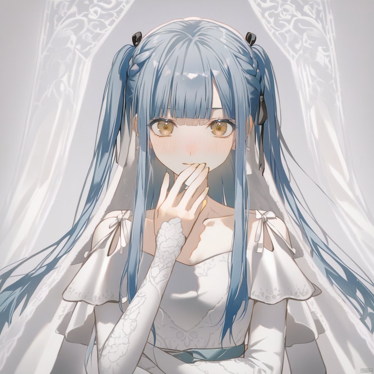 akiko,1girl, solo, long hair, looking at viewer, blush, bangs, simple background,, ribbon, blue hair, grey hair,collarbone, hair ribbon, yellow eyes, braid,, blunt bangs, two side up, black ribbon,cowboy shot,upper body,
white dress, bride