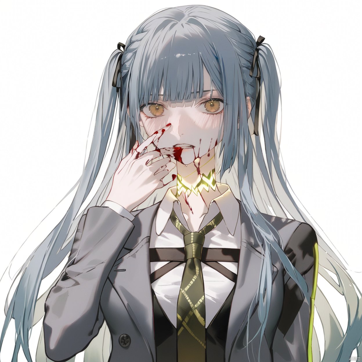 akiko,1girl, solo, long hair, looking at viewer, blush, bangs, simple background,, ribbon, blue hair, grey hair,collarbone, hair ribbon, yellow eyes, braid,, blunt bangs, two side up, black ribbon,cowboy shot,upper body,cyberpunk
1girl, solo, long hair, looking at viewer, bangs, simple background, shirt, long sleeves, white background, ribbon, brown eyes, school uniform, jacket, hair ribbon, white shirt, upper body, grey hair, necktie, collared shirt, black ribbon, blood, blood on face, grey jacket, green necktie, blood from mouth
