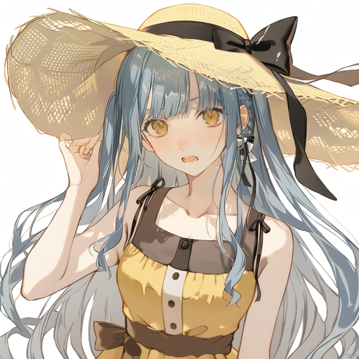 akiko,1girl, solo, long hair, looking at viewer, blush, bangs, simple background,, ribbon, blue hair, grey hair,collarbone, hair ribbon, yellow eyes, braid,, blunt bangs, two side up, black ribbon,cowboy shot,upper body,
1girl, solo, long hair, open mouth, bangs, hat, bow, brown eyes, blue hair, yellow eyes, upper body, hair bow, teeth, two side up, white headwear, wavy hair,7y.o.,Straw Hat