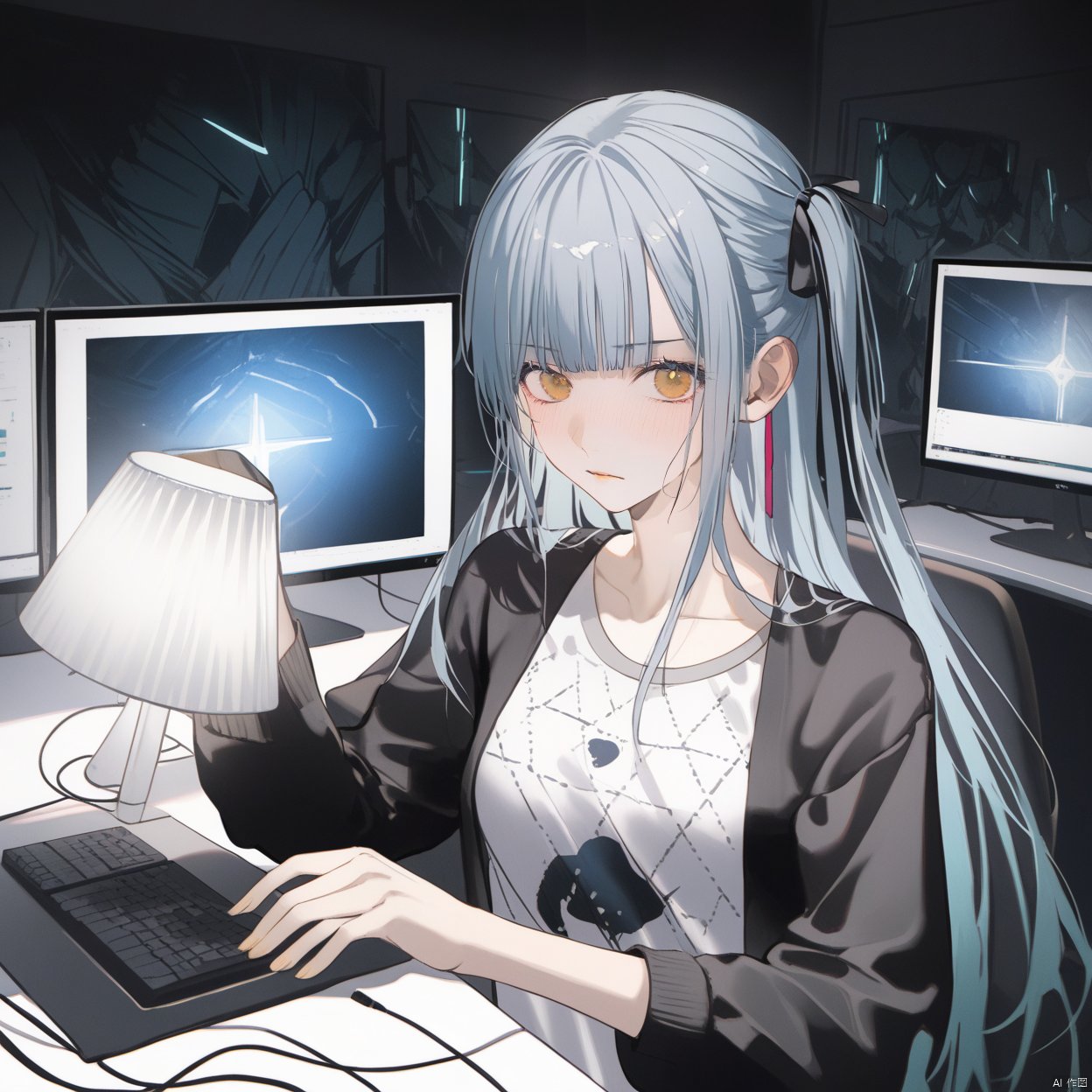 akiko,1girl, solo, long hair, looking at viewer, blush, bangs, simple background,, ribbon, blue hair, grey hair,collarbone, hair ribbon, yellow eyes, braid,, blunt bangs, two side up, black ribbon,cowboy shot,upper body,cyberpunk
a girl  is seated in front of a computer monitor. The girl's shirt is adorned with a pattern of lines, adding a touch of color to the scene. To the left of the boy, a white desk lamp is positioned on the desk. The room is filled with a variety of computer monitors, each displaying a different image. The monitors are arranged in a row, with the upper left and lower right monitors on the right. The background is dark, creating a stark contrast to the girl's white shirt.