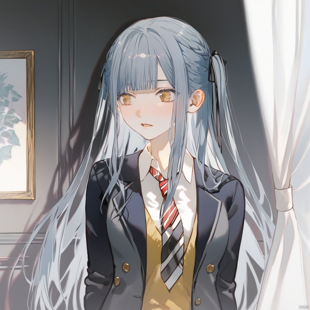 akiko,1girl, solo, long hair, looking at viewer, blush, bangs, simple background,, ribbon, blue hair, grey hair,collarbone, hair ribbon, yellow eyes, braid,, blunt bangs, two side up, black ribbon,cowboy shot,upper body,
1girl, solo, long hair, blush, bangs, shirt, long sleeves, ribbon, very long hair, school uniform, standing, jacket, hair ribbon, yellow eyes, white shirt, upper body, grey hair, sidelocks, parted lips, open clothes, necktie, day, striped, collared shirt, indoors, blunt bangs, open jacket, two side up, looking to the side, window, black ribbon, looking away, sunlight, blazer, curtains, black necktie, grey jacket, arms at sides, striped necktie, diagonal-striped necktie