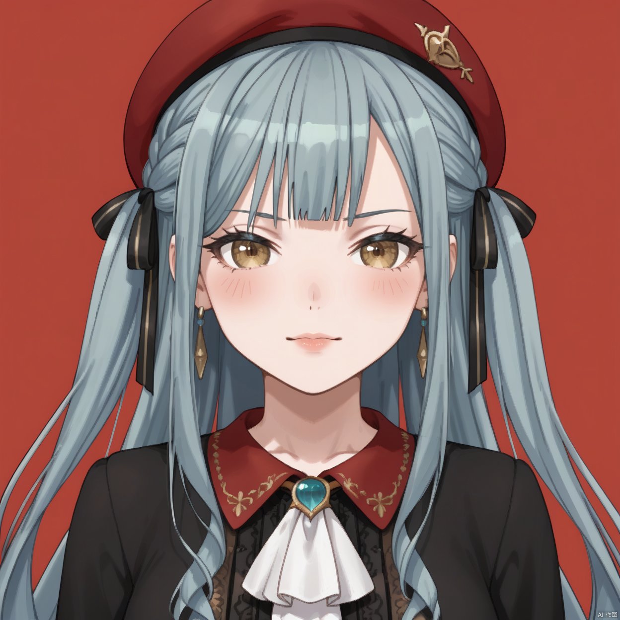  sakiko,1girl, solo, long hair, looking at viewer, blush, bangs, simple background,, ribbon, blue hair, grey hair,collarbone, hair ribbon, yellow eyes, braid,, blunt bangs, two side up, black ribbon,cowboy shot,upper body, 
1girl, solo, long hair, looking at viewer, bangs, shirt, hat, brown eyes, jewelry, upper body, earrings, green hair, virtual youtuber, black shirt, ascot, mask, beret, red headwear, red background, white ascot