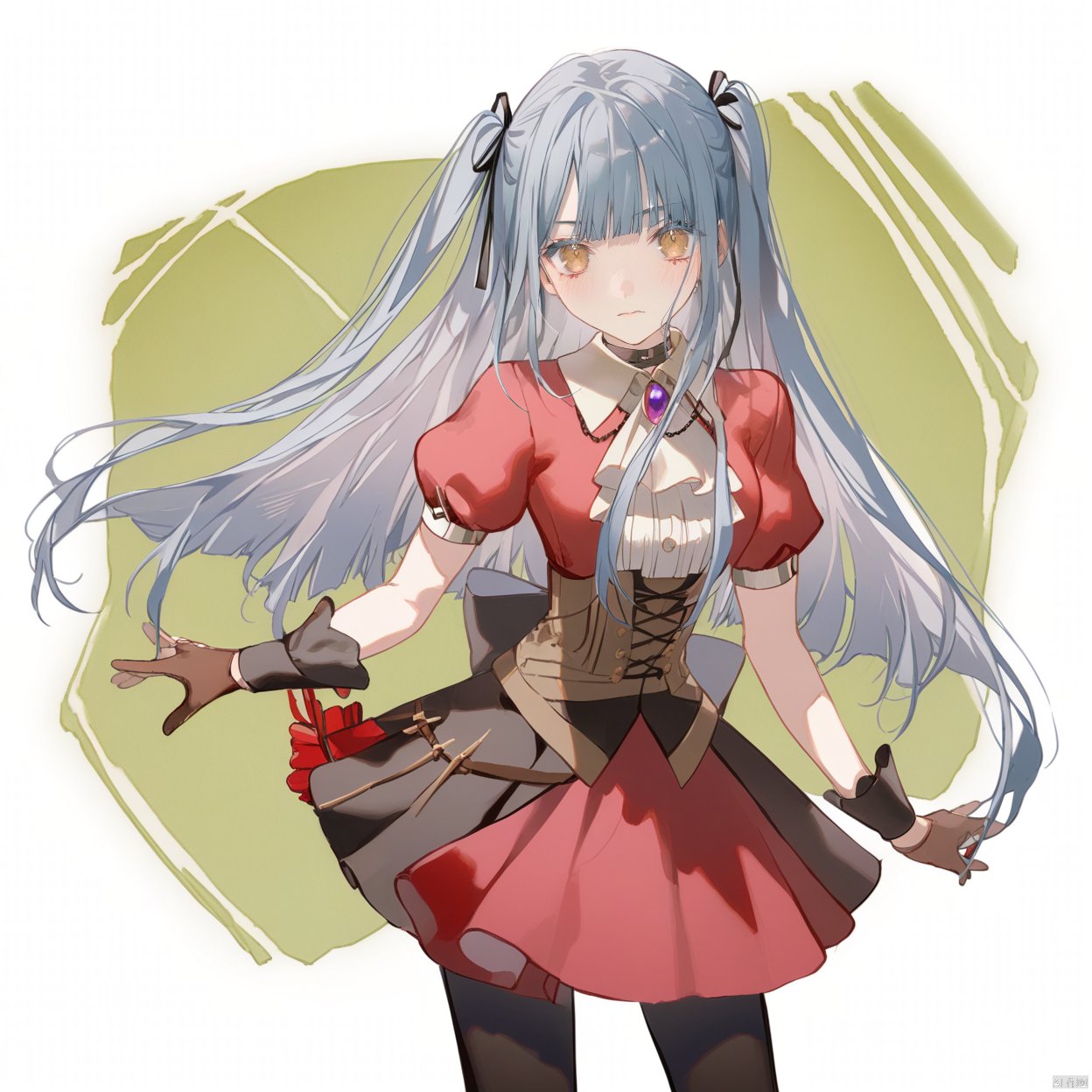  sakiko,1girl, solo, long hair, looking at viewer, blush, bangs, simple background,, ribbon, blue hair, grey hair,collarbone, hair ribbon, yellow eyes, braid,, blunt bangs, two side up, black ribbon,cowboy shot,upper body, 
1girl, solo, long hair, looking at viewer, bangs, skirt, simple background, shirt, gloves, white background, dress, bow, ribbon, closed mouth, blue hair,, hair ribbon, yellow eyes, short sleeves, pantyhose, boots, black gloves, puffy sleeves, black footwear, two side up, black pantyhose, ascot, black ribbon, red shirt, corset,, mask, watermark, red dress, brooch, brown gloves, green background, domino mask