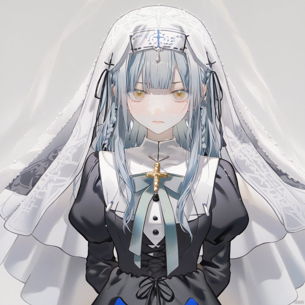 akiko,1girl, solo, long hair, looking at viewer, blush, bangs, simple background,, ribbon, blue hair, grey hair,collarbone, hair ribbon, yellow eyes, braid,, blunt bangs, two side up, black ribbon,cowboy shot,upper body,
((grey hair, upper_body,nun,)) 1girl, solo, long hair, looking at viewer, bangs, simple background, gloves, long sleeves, dress,standing, puffy sleeves, black dress, capelet, puffy long sleeves, arms at sides,, habit, white capelet,veil