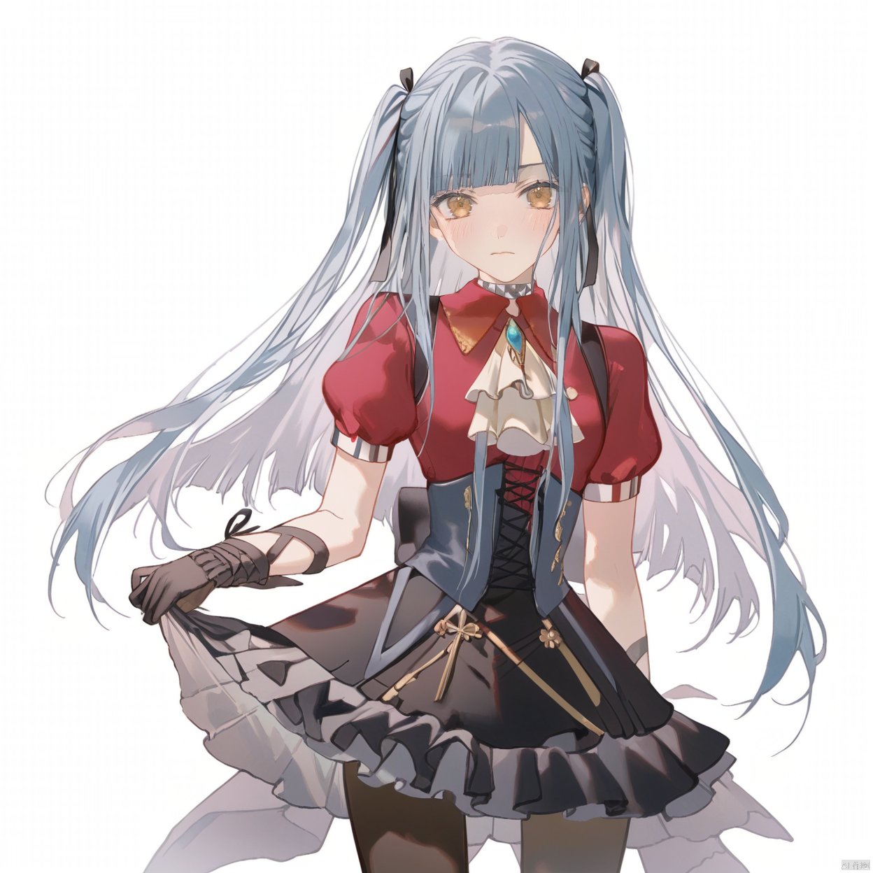 akiko,1girl, solo, long hair, looking at viewer, blush, bangs, simple background,, ribbon, blue hair, grey hair,collarbone, hair ribbon, yellow eyes, braid,, blunt bangs, two side up, black ribbon,cowboy shot,upper body,
1girl, solo, long hair, looking at viewer, bangs, skirt, simple background, shirt, gloves, white background, dress, bow, ribbon, closed mouth, blue hair,, hair ribbon, yellow eyes, short sleeves, pantyhose, boots, black gloves, puffy sleeves, black footwear, two side up, black pantyhose, ascot, black ribbon, red shirt, corset,