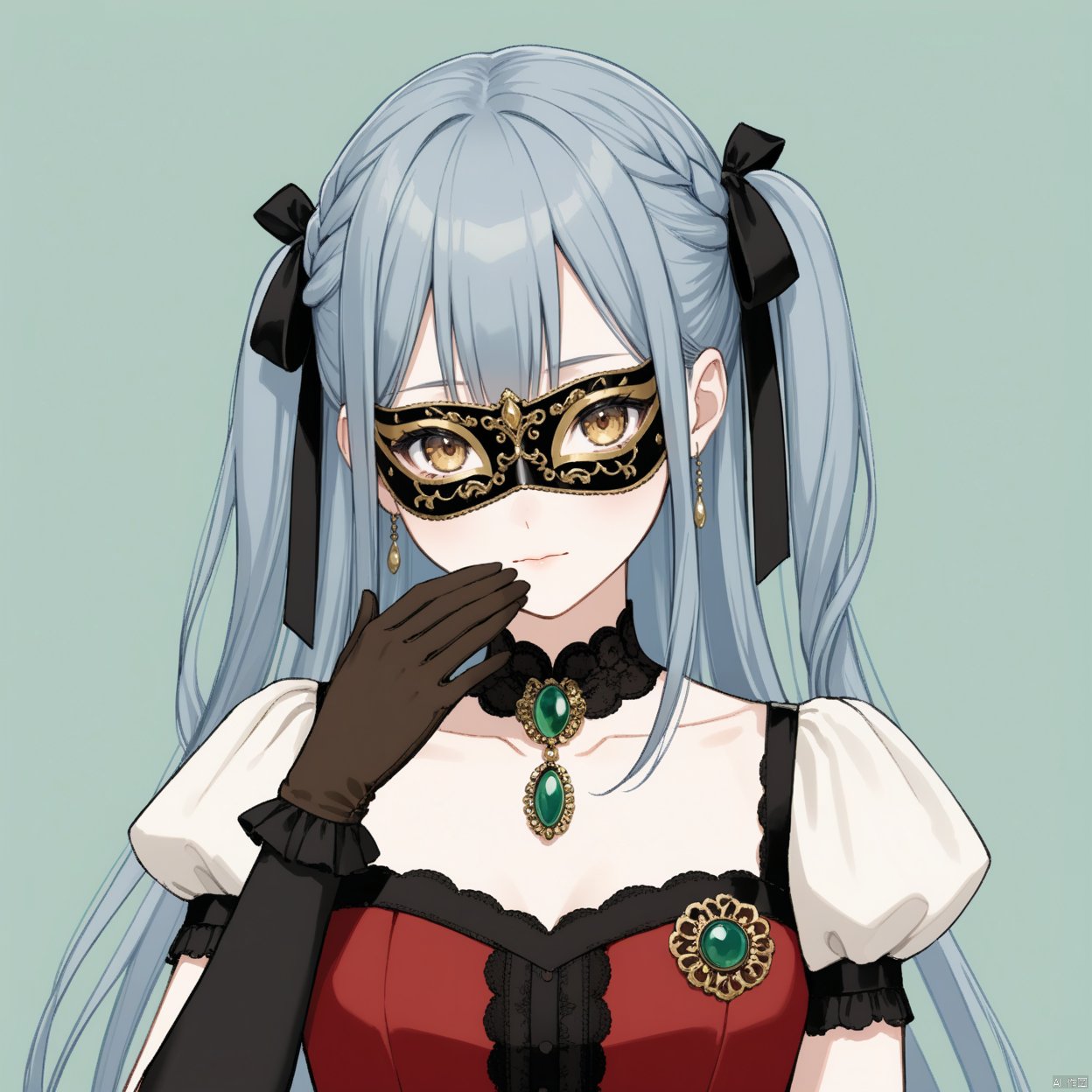  sakiko,1girl, solo, long hair, looking at viewer, blush, bangs, simple background,, ribbon, blue hair, grey hair,collarbone, hair ribbon, yellow eyes, braid,, blunt bangs, two side up, black ribbon,cowboy shot,upper body, 
1girl, solo, long hair, looking at viewer, bangs, simple background, gloves, dress, ribbon, brown eyes, closed mouth, blue hair, hair ribbon, yellow eyes, upper body, braid, short sleeves, grey hair, black gloves, puffy sleeves, hand up, two side up, puffy short sleeves, black ribbon, mask, watermark, red dress, brooch, brown gloves, green background, domino mask