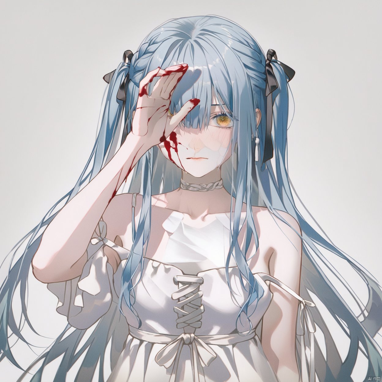 akiko,1girl, solo, long hair, looking at viewer, blush, bangs, simple background,, ribbon, blue hair, grey hair,collarbone, hair ribbon, yellow eyes, braid,, blunt bangs, two side up, black ribbon,cowboy shot,upper body,
1girl, solo, long hair, looking at viewer, dress, ribbon, bare shoulders, closed mouth, blue hair, collarbone, hair ribbon, yellow eyes, white dress, black ribbon, blood, strap slip, blood on face, blood on clothes, covering one eye