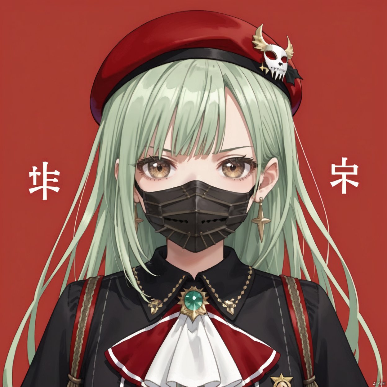 muzumi,1girl, solo, long hair, looking at viewer, bangs, shirt, hat, brown eyes, jewelry, upper body, earrings, green hair, virtual youtuber, black shirt, ascot, mask, beret, red headwear, red background