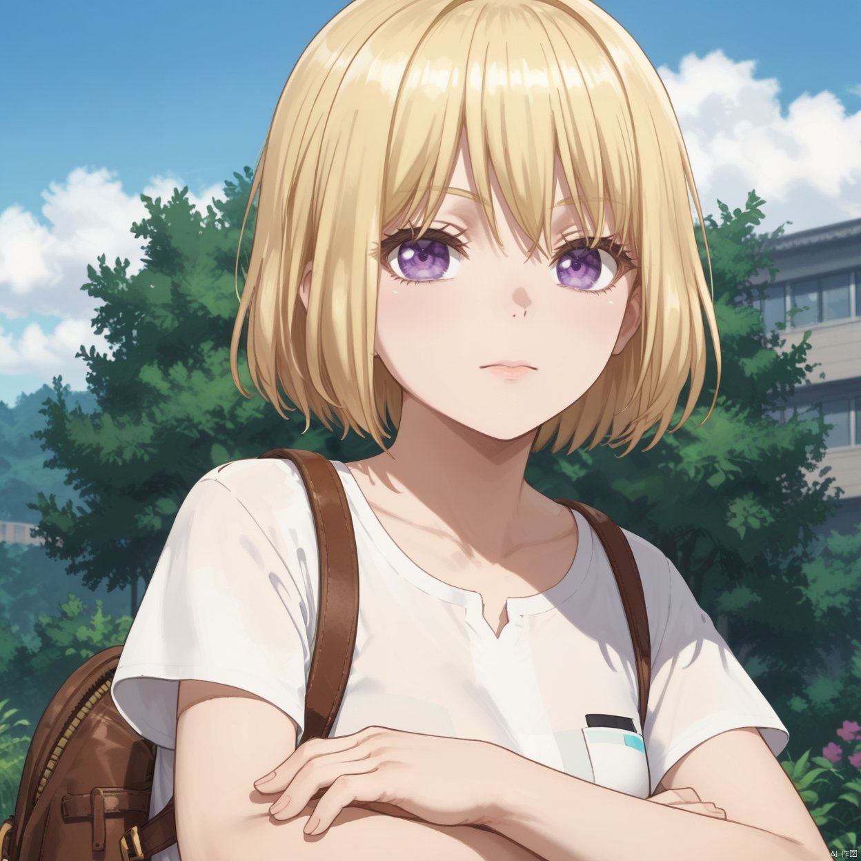 uika,1girl, solo, short hair, blonde hair, shirt, purple eyes, white shirt, short sleeves, outdoors, bag, crossed arms, backpack