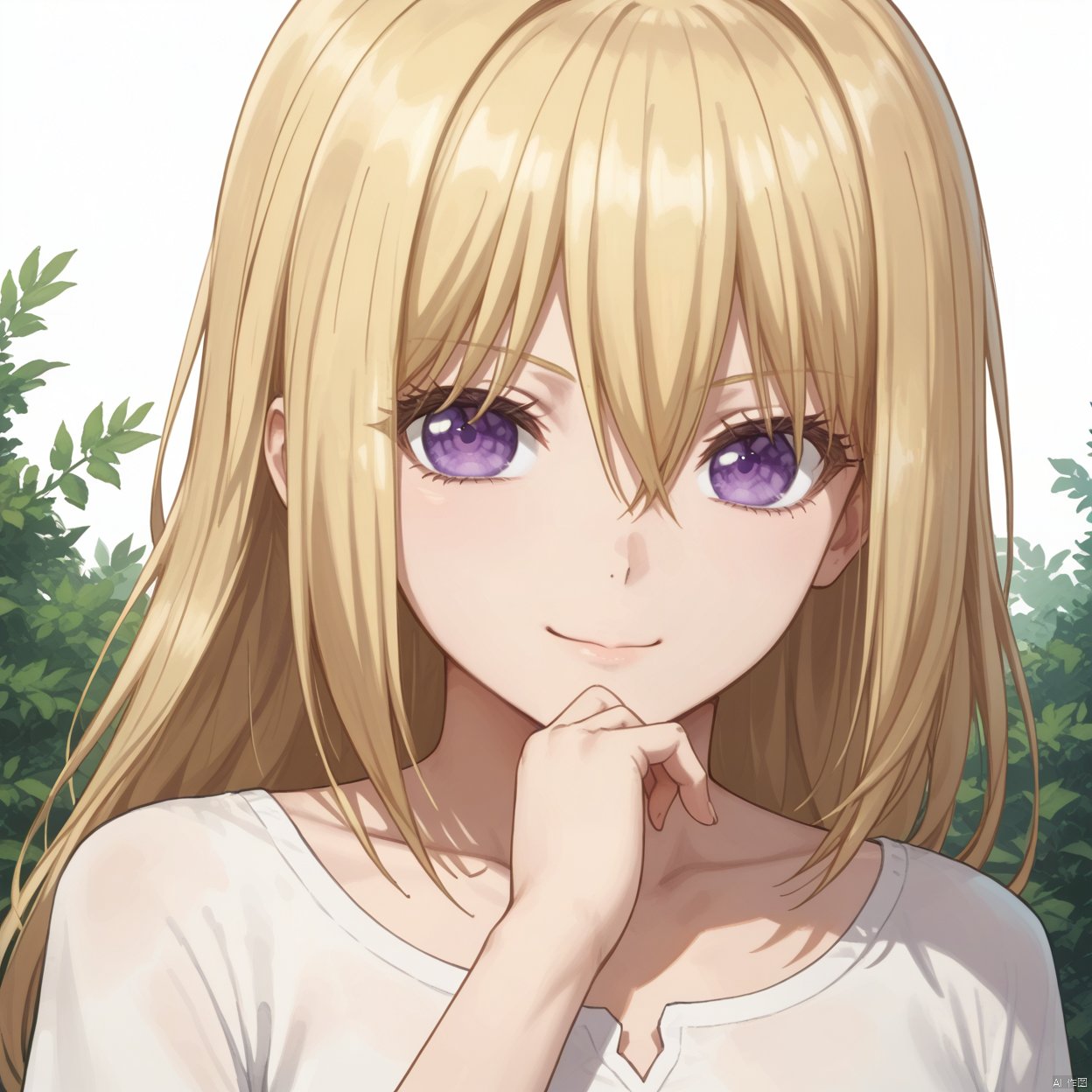 uika,1girl, solo, long hair, looking at viewer, smile, bangs, blonde hair, shirt, hair between eyes, closed mouth, purple eyes, collarbone, white shirt, upper body, hand on own chin