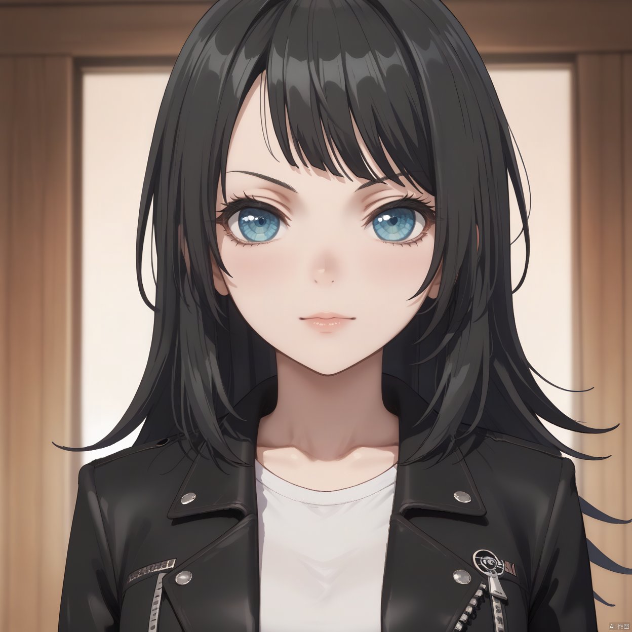 umirin,black hair,blue eyes,1girl, solo, long hair, looking at viewer, bangs, blue eyes, shirt, black hair, jacket, upper body, 