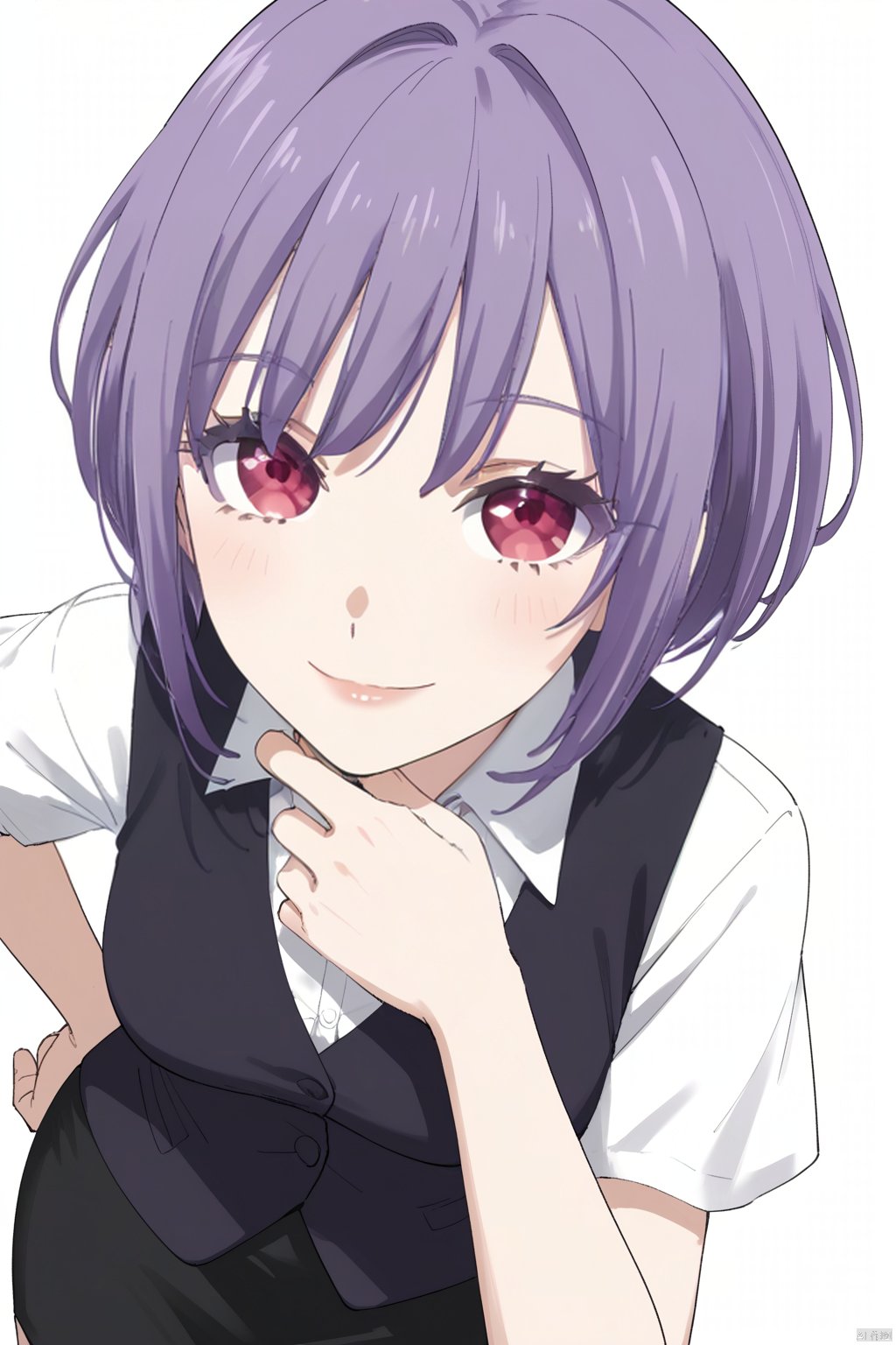 purple_hair,purple_eyes,amoris,red eyes
1girl, solo, looking at viewer, smile, short hair, skirt, simple background,, shirt,  white background,  standing, white shirt, short sleeves, black skirt, vest,  pencil skirt, 