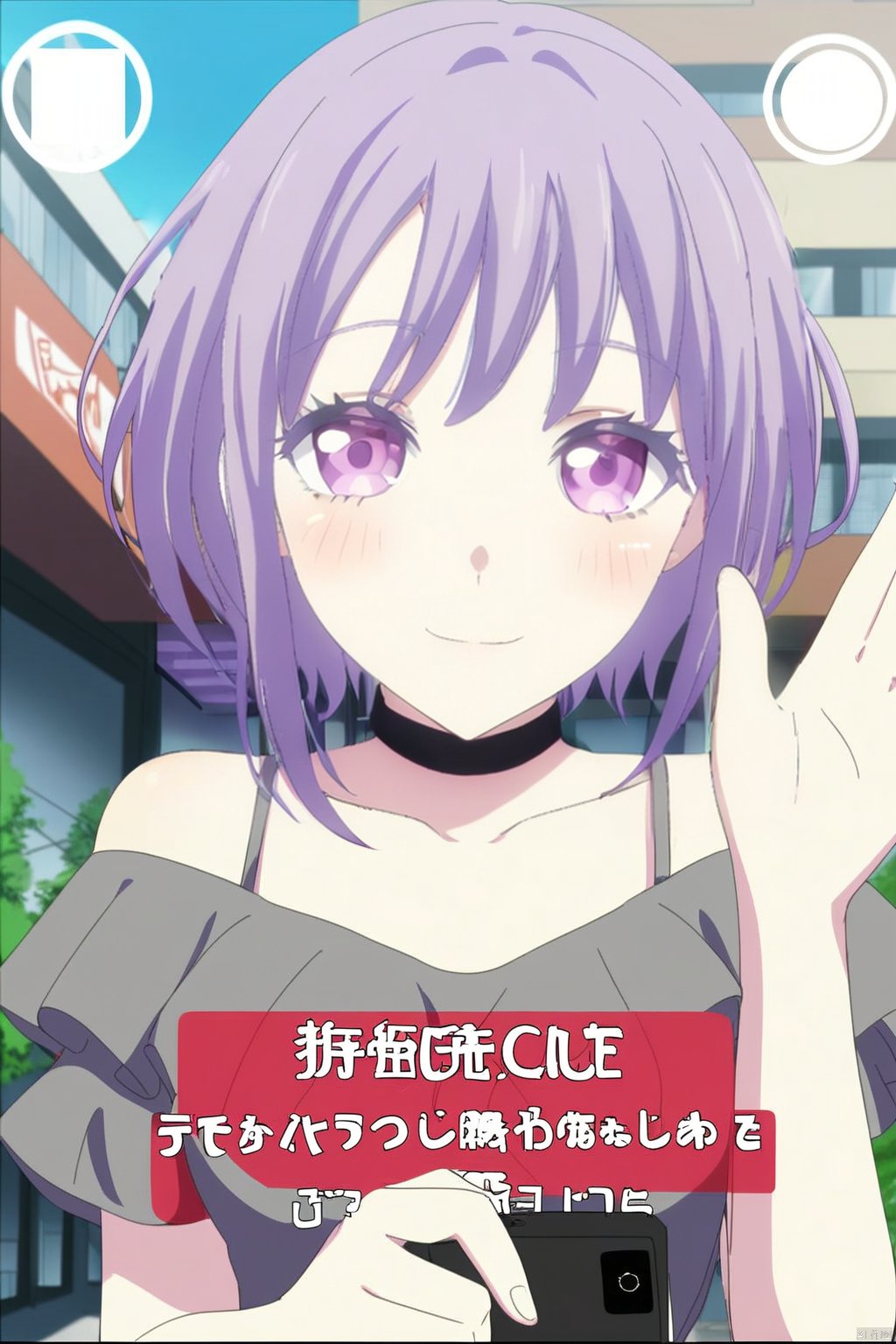 purple_hair,purple_eyes,amoris
1girl, solo, looking at viewer, blush, smile, short hair, shirt, bare shoulders, closed mouth, purple eyes, collarbone, purple hair, outdoors, choker, black choker, building, waving, fake screenshot, viewfinder, phone screen