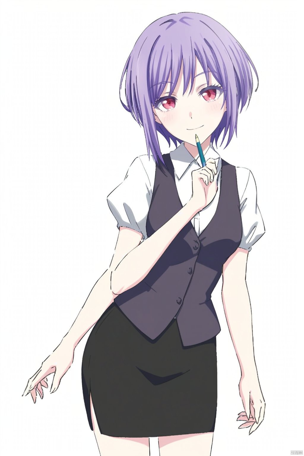 purple_hair,purple_eyes,amoris,red eyes
1girl, solo, looking at viewer, smile, short hair, skirt, simple background,, shirt,  white background,  standing, white shirt, short sleeves, black skirt, vest,  pencil skirt, 