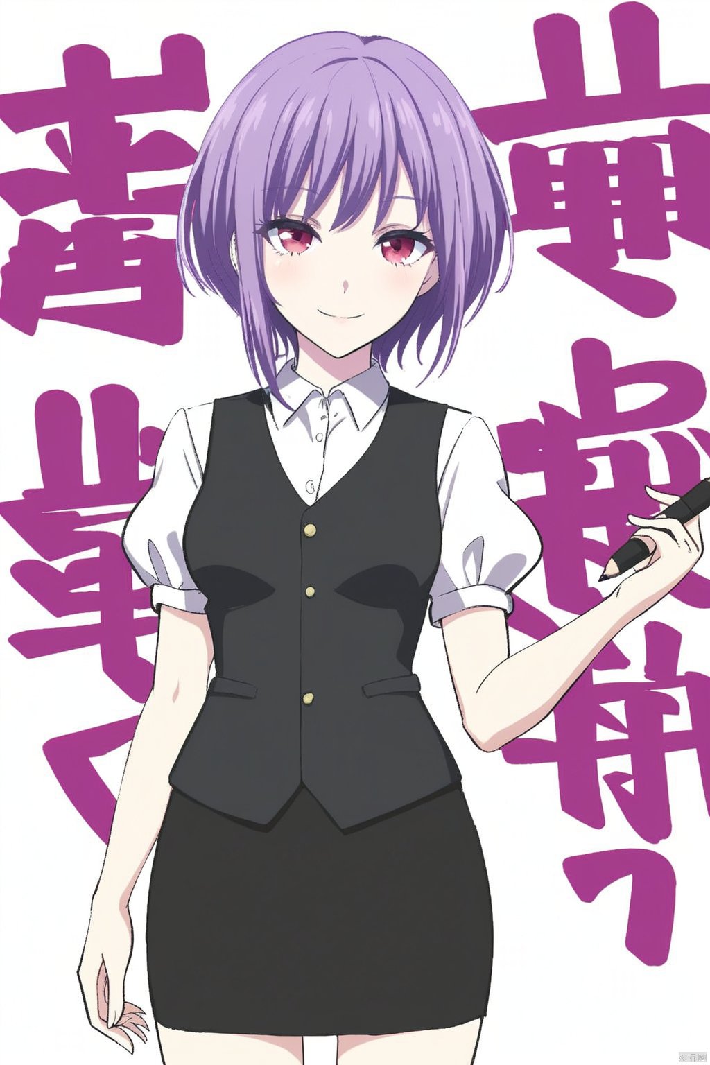 purple_hair,purple_eyes,amoris,red eyes
1girl, solo, looking at viewer, smile, short hair, skirt, simple background,, shirt,  white background,  standing, white shirt, short sleeves, black skirt, vest,  pencil skirt, 