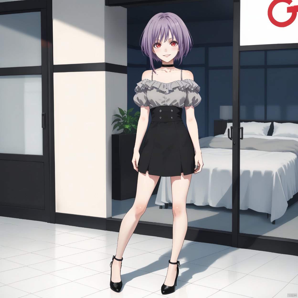 1girl, solo, looking at viewer, smile, short hair, bangs, skirt, shirt, red eyes, white background, bare shoulders, standing, collarbone, full body, purple hair, short sleeves, frills, parted lips, choker, hand up, black skirt, off shoulder, black footwear, high heels, black choker, grey shirt, off-shoulder shirt, frilled shirt,,amoris