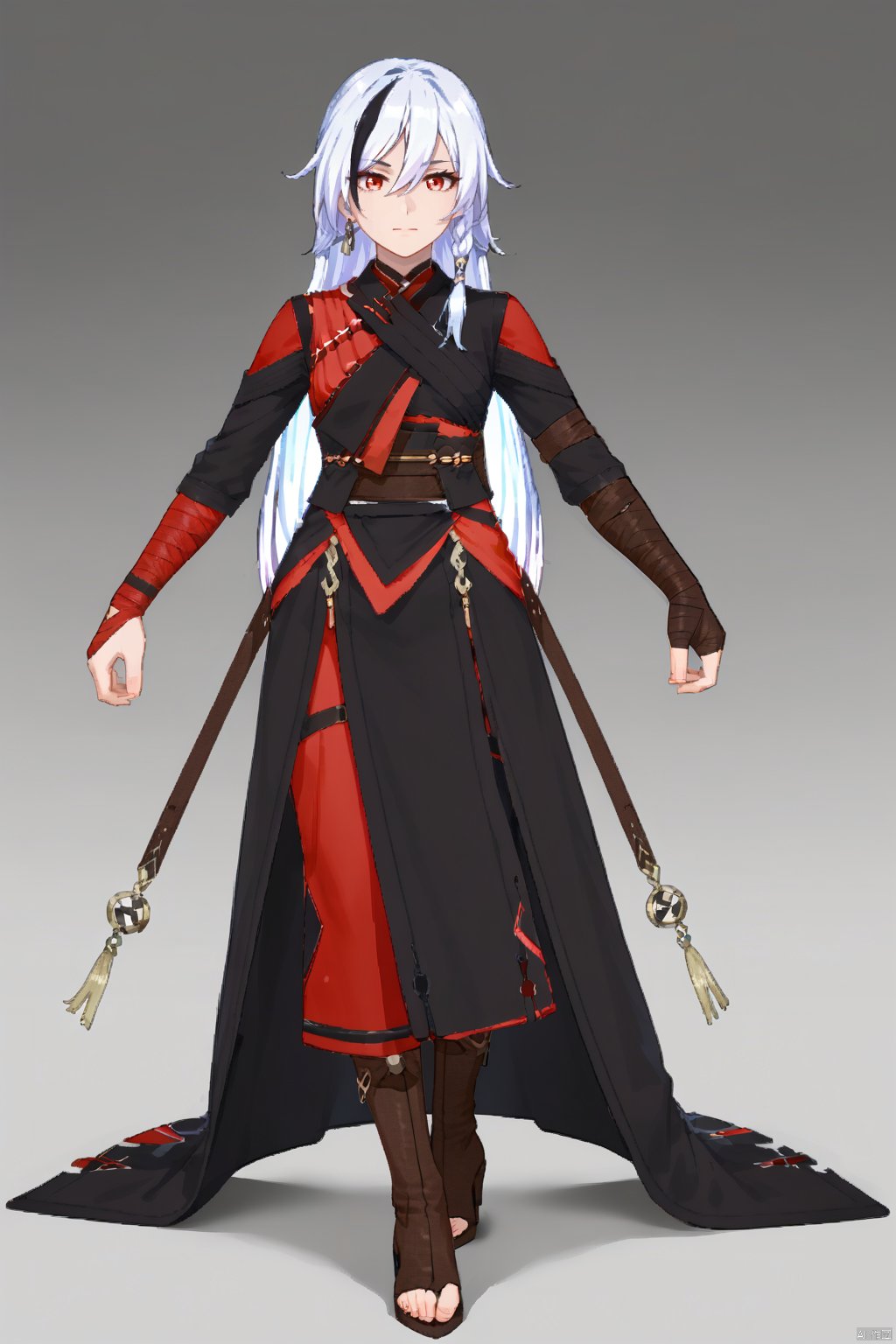 grin,low ponytail,blanket,belt,silver hair,low-tied long hair,messy hair,two-tone hair,streaked hair,jewelry,leather,long hair,bandages,white hair,black hair,red eyes,red rope,red legwear,fu hua,hakama,armor,brown footwear,high heel boots,jacket,dress,toeless legwear,arm wrap,sarashi,high heels,gradient hair,long sleeves,multicolored hair,braid,gloves,pants,earrings,1girl,bangs,closed mouth,expressionless,hair between eyes,hair ornament,long hair, Anime,heiyuan