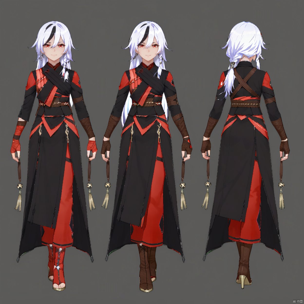 grin,low ponytail,blanket,belt,silver hair,low-tied long hair,messy hair,two-tone hair,streaked hair,jewelry,leather,long hair,bandages,white hair,black hair,red eyes,red rope,red legwear,fu hua,hakama,armor,brown footwear,high heel boots,jacket,dress,toeless legwear,arm wrap,sarashi,high heels,gradient hair,long sleeves,multicolored hair,braid,gloves,pants,earrings,1girl,bangs,closed mouth,expressionless,hair between eyes,hair ornament,long hair, Anime,heiyuan