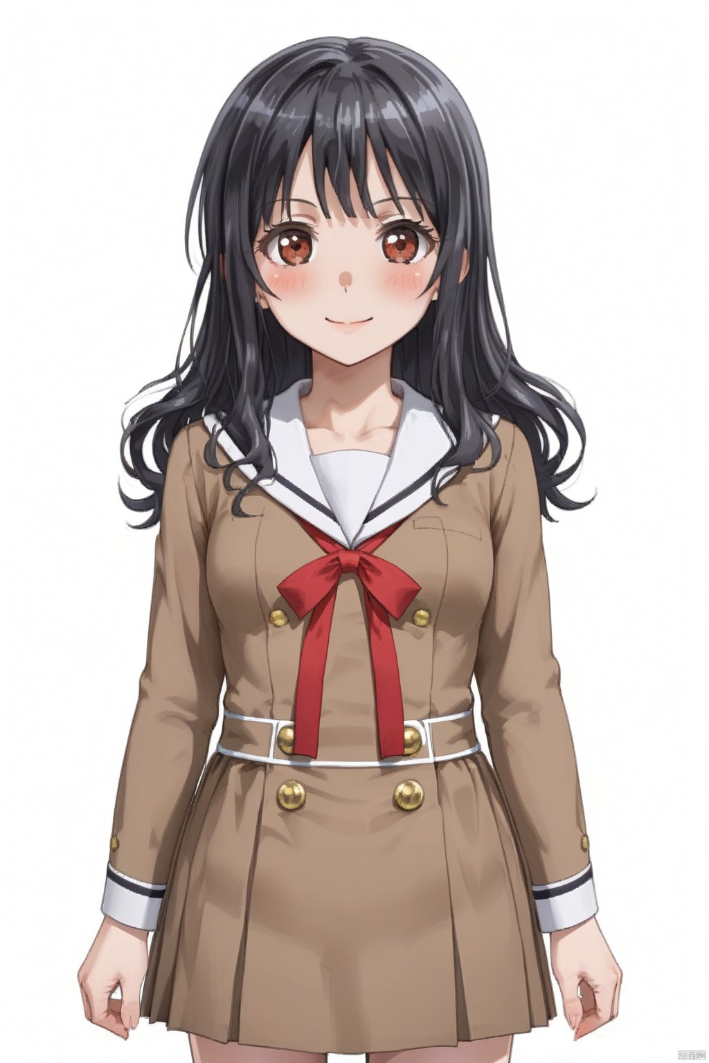 1girl, solo, long hair, looking at viewer, blush, smile, bangs, simple background, black hair, long sleeves, white background, dress, ribbon, brown eyes, school uniform, standing, serafuku, sailor collar, red ribbon, neck ribbon, buttons, sailor dress, arms at sides, double-breasted, brown dress, pleated dress, hanasakigawa school uniform,yuri,red eyes