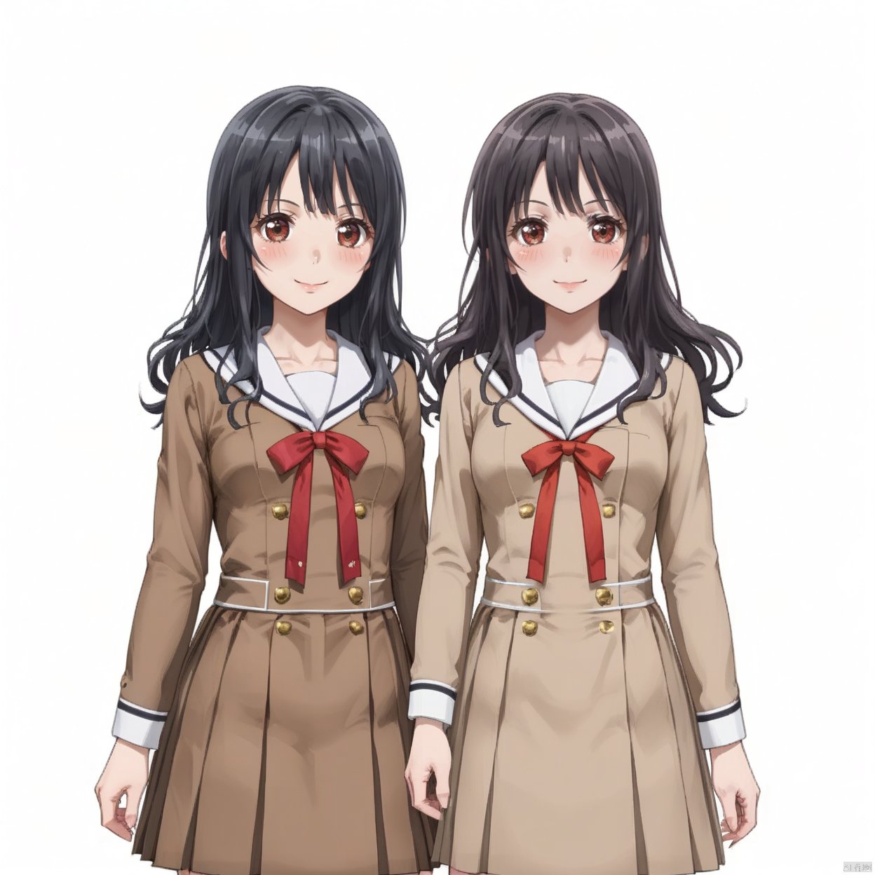 1girl, solo, long hair, looking at viewer, blush, smile, bangs, simple background, black hair, long sleeves, white background, dress, ribbon, brown eyes, school uniform, standing, serafuku, sailor collar, red ribbon, neck ribbon, buttons, sailor dress, arms at sides, double-breasted, brown dress, pleated dress, hanasakigawa school uniform,yuri,red eyes