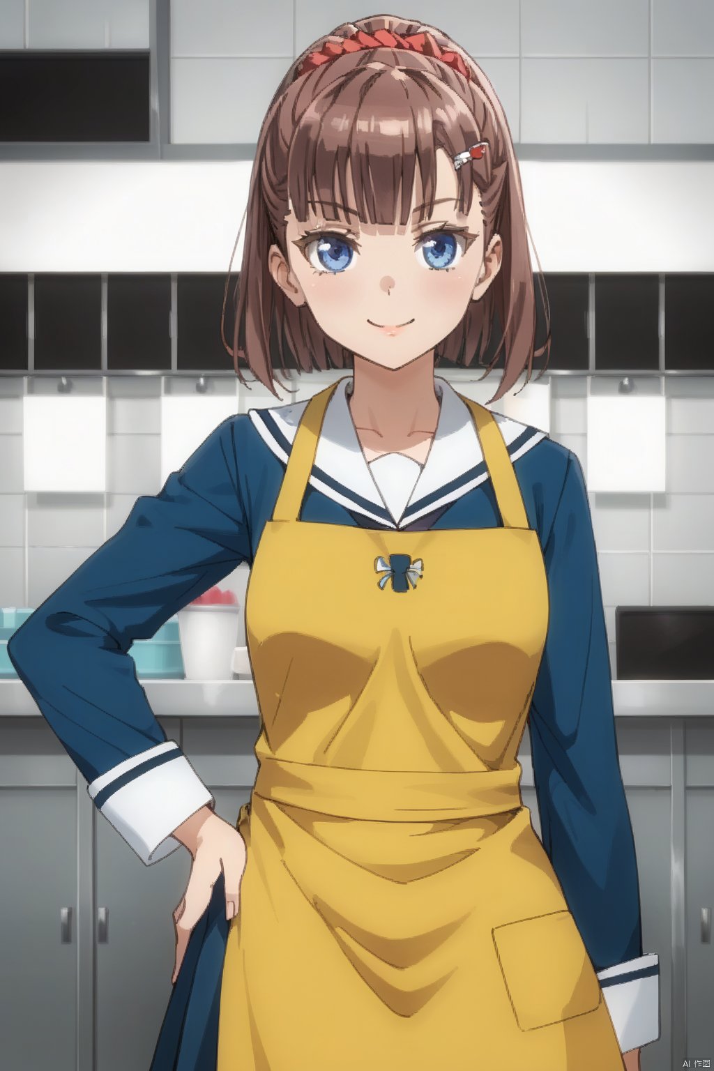 1girl, solo, looking at viewer, smile, short hair, blue eyes, brown hair, hair ornament, school uniform, ponytail, serafuku, apron, hand on hip, scrunchie, hair scrunchie,rii