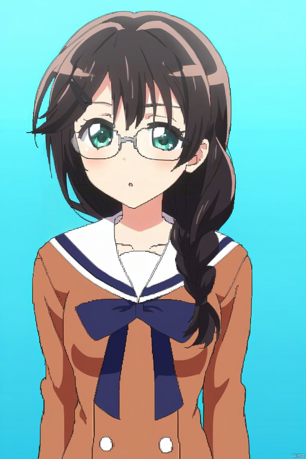 1girl,nanana,black-hair,green_eyes,glasses,braid,single braid,hair over shoulder
sailor dress, double-breasted, brown dress, hanasakigawa school uniform