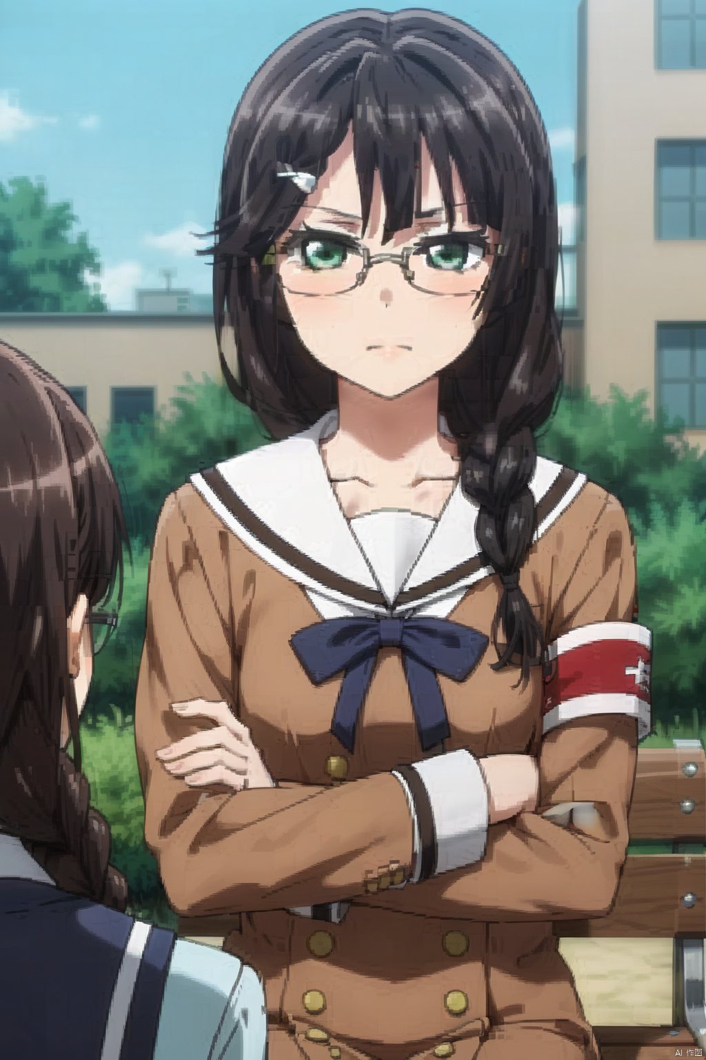 long hair, black hair, 2girls, sitting, school uniform, green eyes, braid, glasses, serafuku, yuri, crossed arms, armband, bench, double-breasted, brown dress, hanasakigawa school uniform,nanana