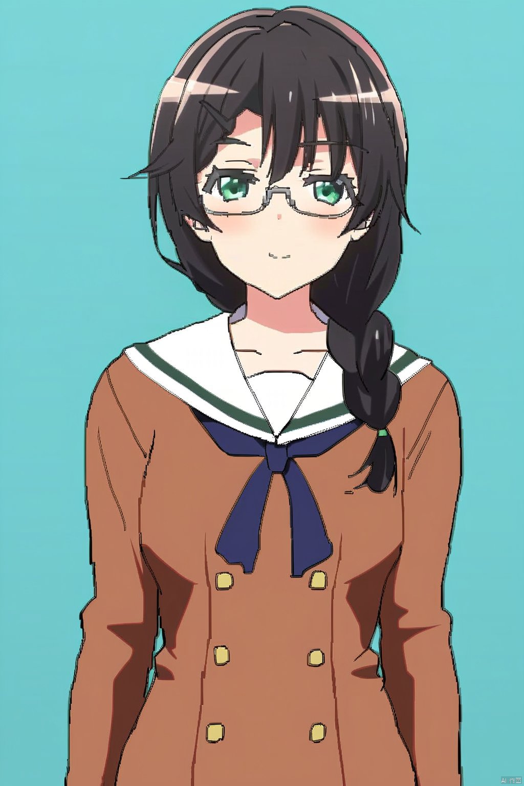 1girl,nanana,black-hair,green_eyes,glasses,braid,single braid,hair over shoulder
sailor dress, double-breasted, brown dress, hanasakigawa school uniform