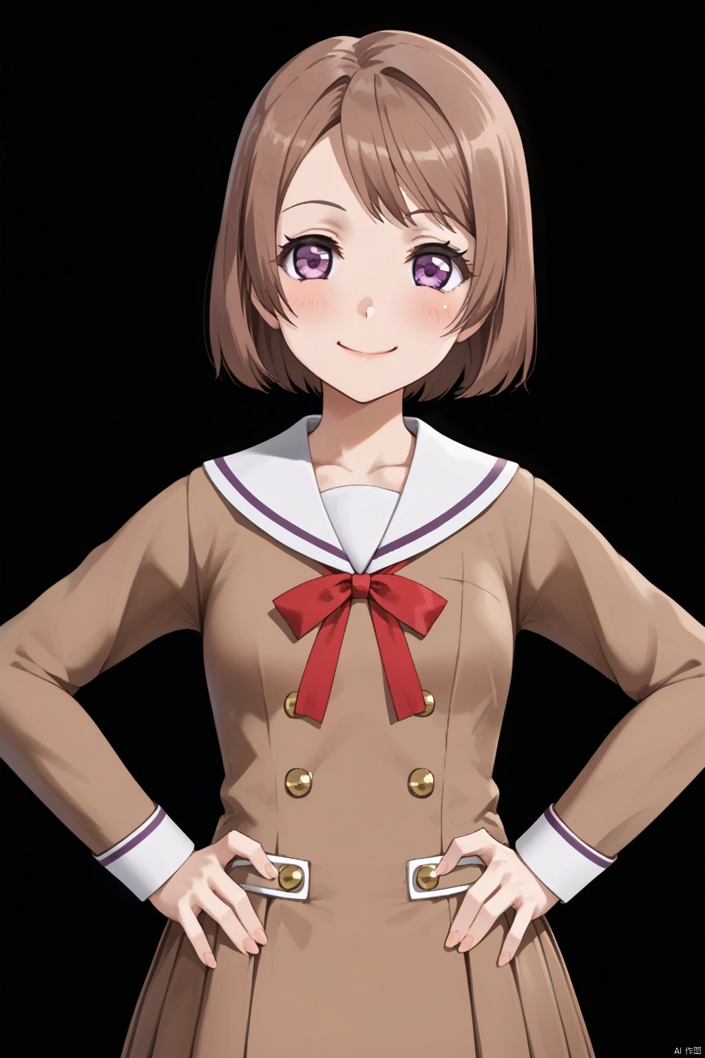 1girl, solo, looking at viewer, blush, smile, short hair, simple background, brown hair, long sleeves, dress, ribbon, school uniform, purple eyes, red ribbon, buttons, black background, sailor dress, hands on hips, double-breasted, brown dress, hanasakigawa school uniform