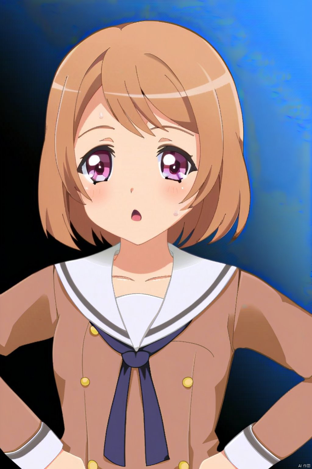 1girl,Hinako,short hair,brown hair,purple eyes,upper_body
sailor dress, hands on hips, double-breasted, brown dress, hanasakigawa school uniform