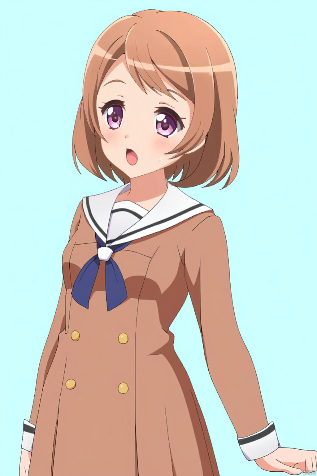 1girl,Hinako,short hair,brown hair,purple eyes,upper_body
sailor dress, double-breasted, brown dress, hanasakigawa school uniform