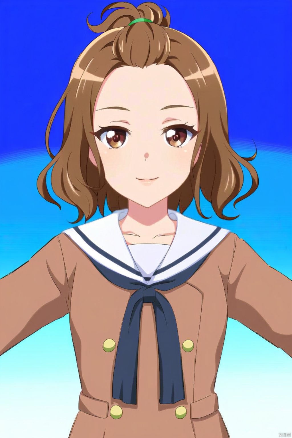 1girl,solo,upper body
sailor dress, double-breasted, brown dress, hanasakigawa school uniform,,
1girl,Natsuki,brown hair
brown eyes
forehead