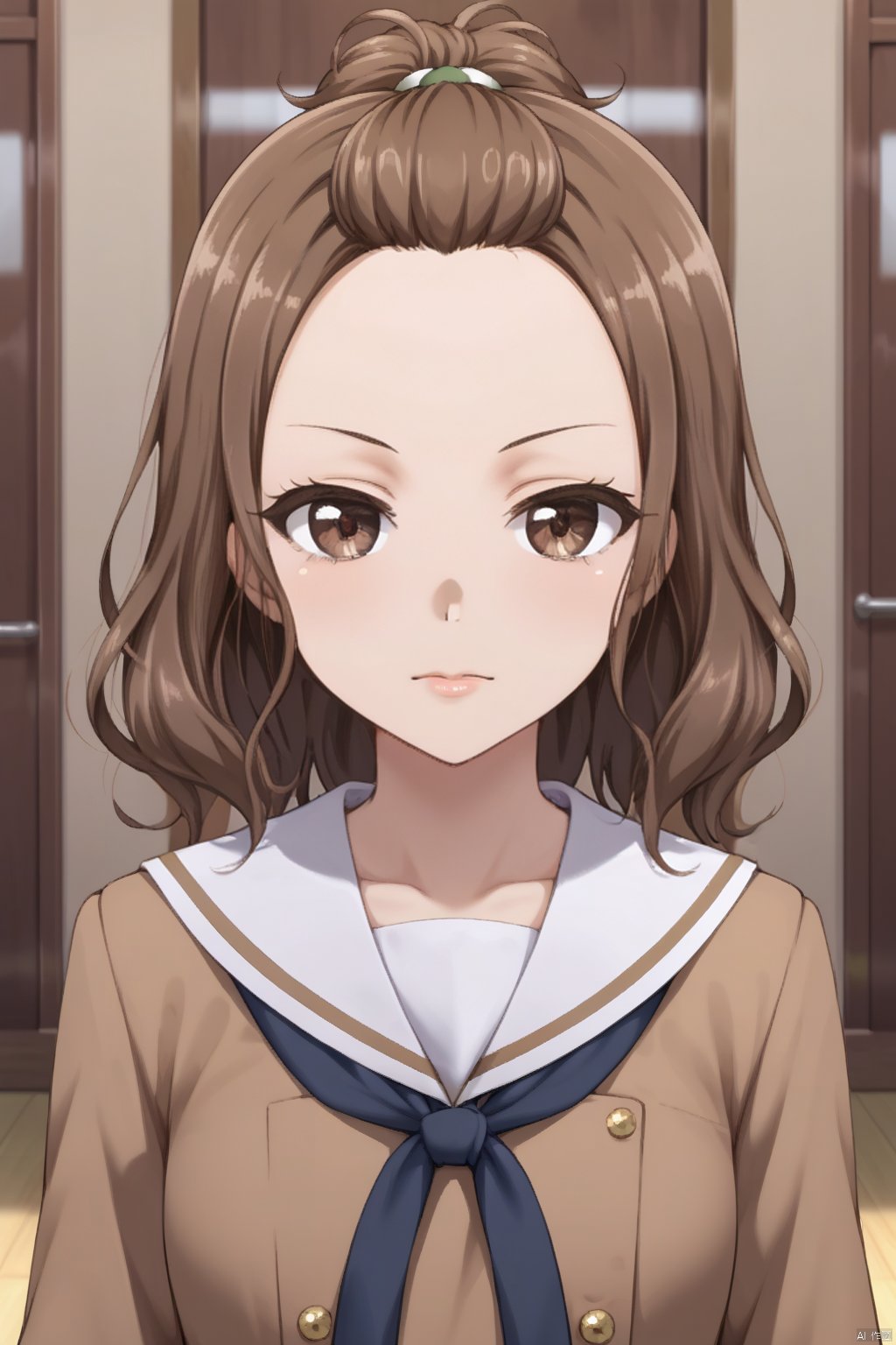 1girl,solo,upper body sailor dress, double-breasted, brown dress, hanasakigawa school uniform,, 1girl,Natsuki,brown hair brown eyes forehead
1girl,solo, school uniform,  serafuku, double-breasted, brown dress, hanasakigawa school uniform,