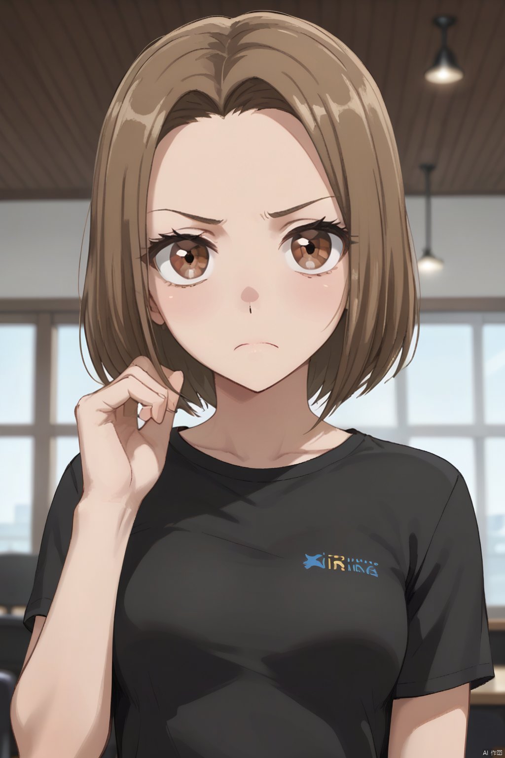 Matsugi Ririko 1girl, solo, looking at viewer, short hair, brown hair, shirt, brown eyes, upper body, indoors, hand up, frown,