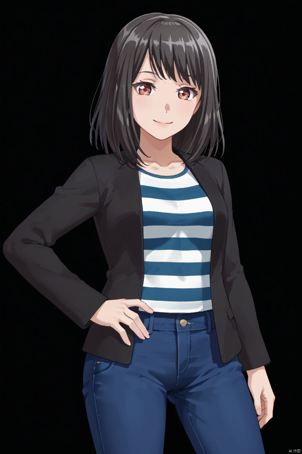 Tsukishima Marina 1girl, solo, looking at viewer, smile, simple background, shirt, black hair, red eyes, long sleeves, brown eyes, standing, jacket, cowboy shot, striped, pants, medium hair, black jacket, hand on hip, denim, black background, jeans, striped shirt, blue pants