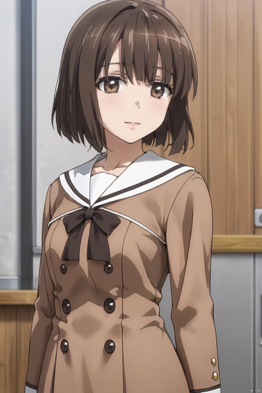 1girl,solo,upper body,cowboy shot sailor dress, double-breasted, brown dress, hanasakigawa school uniform,, short hair, bangs, brown hair, brown eyes,Taiko Satomi
1girl,solo, school uniform,  serafuku, double-breasted, brown dress, hanasakigawa school uniform,