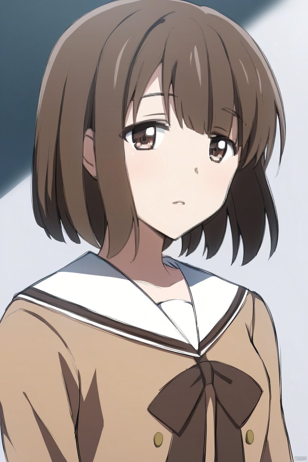 1girl,solo,upper body
sailor dress, double-breasted, brown dress, hanasakigawa school uniform,,
short hair, bangs, brown hair, brown eyes,